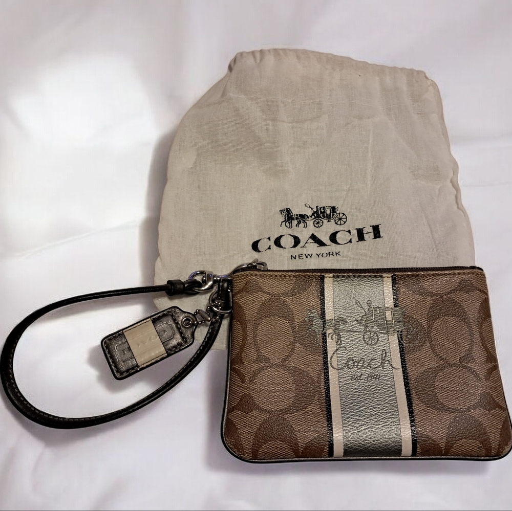 Coach Signature Canvas Wristlet in Brown with Stripe